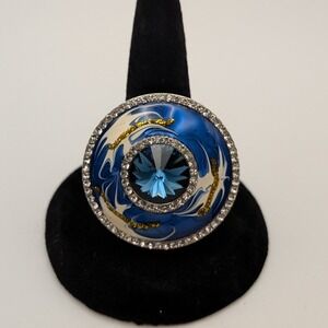 Galaxy Blue Marbled Enamel Statement Ring Adjustable Silver Tone Rhinestone